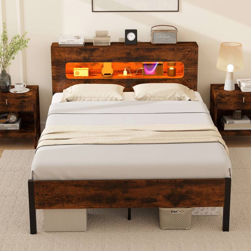 Costway Full Bed Frame with LED Lights Storage Headboard Power Outlets