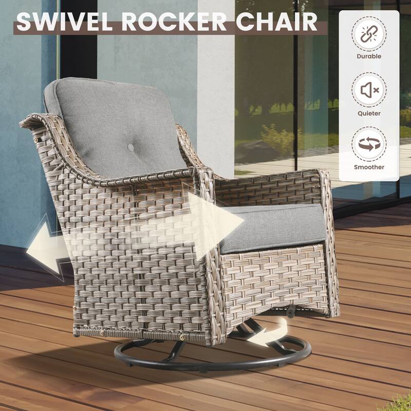 OVIOS 6 Pieces Outdoor Wicker Swivel Chair Set With Solar-Powered Coffee Table