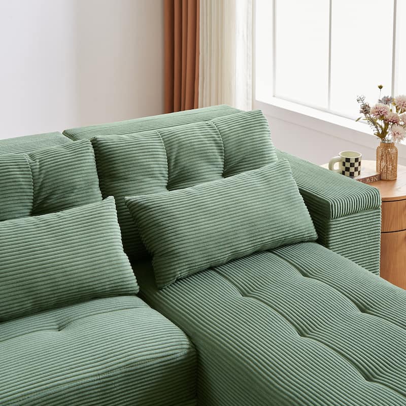94" Corduroy 3-in-1 Convertible Sectional Sofa with 4 Storage Spaces and 4 Pillows