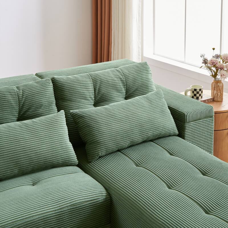 94'' Corduroy 3-in-1 Convertible 3 Seater Sleeper Sectional Sofa with 4 Storage Compartments and 4 Pillows