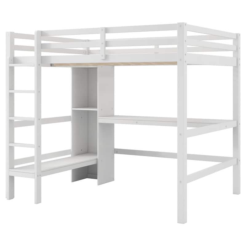 Full Size Loft Bed with Multifunction Shelves and Under-bed Desk