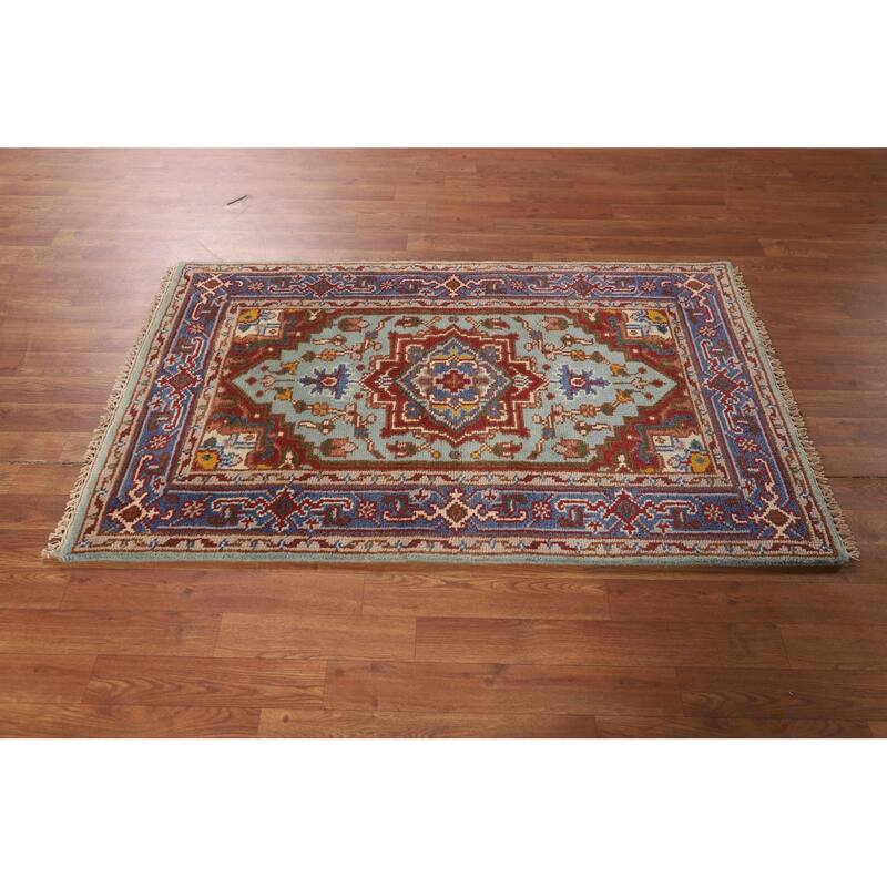 Turquoise Geometric Heriz Serapi Foyer Rug Hand-Knotted Wool Carpet - 3'0"x 4'11"