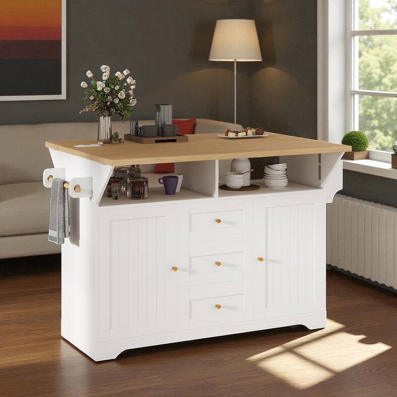 47" Extendable Kitchen Island Cart with Power Outlet, Mobile Storage Cabinet on 5 Wheels with Drawers and Shelves - White