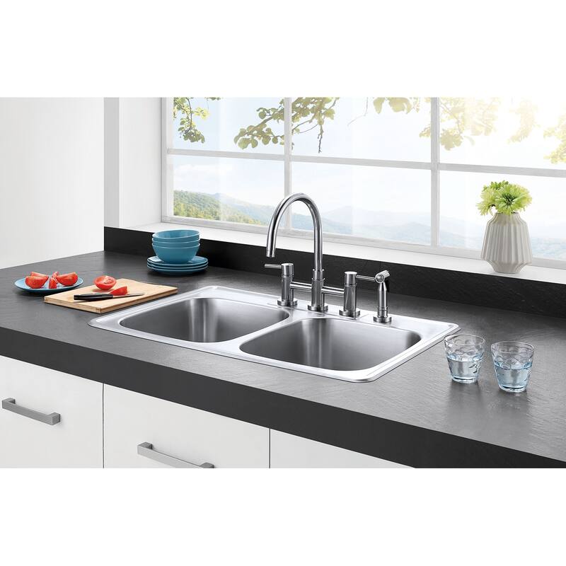 Kingston Brass Concord Two-Handle Gooseneck Bridge Kitchen Faucet with Brass Sprayer