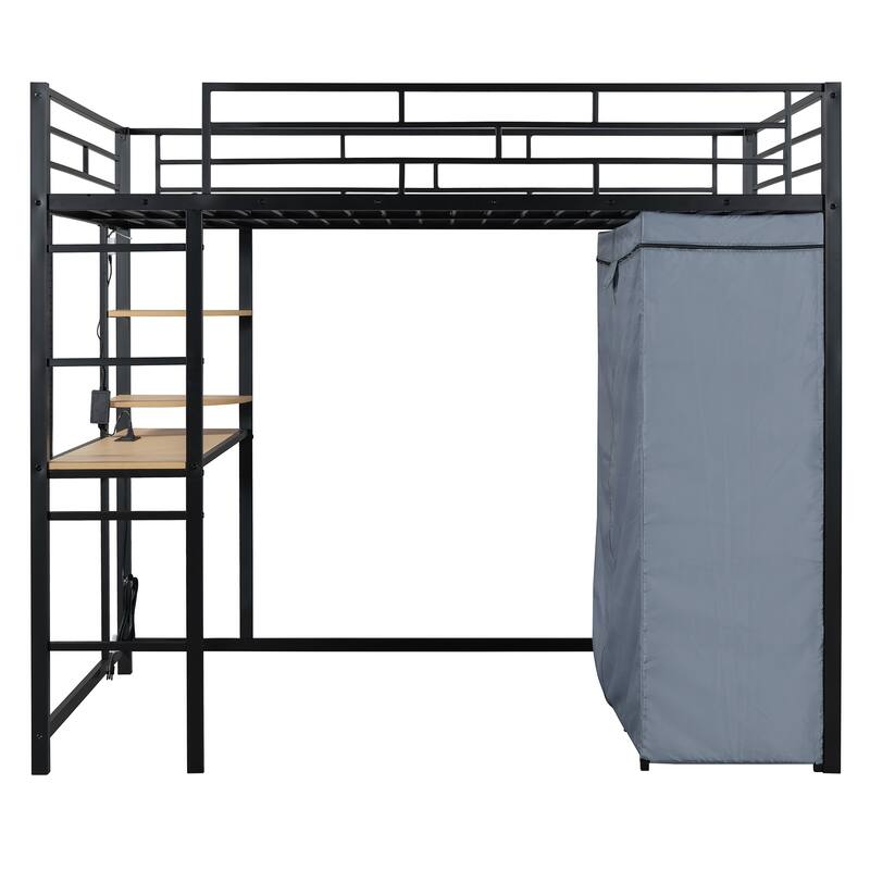 Full Size Metal Loft Bed with Built-in Desk, Wardrobe & Power Outlet - 350LB Capacity
