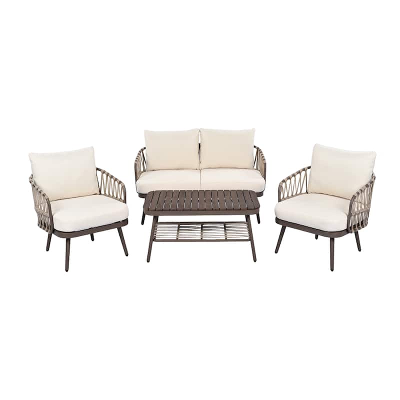 4-Piece Outdoor Patio Furniture Set, All Weather Sectional Furniture Set with Woven Rope Chairs and Coffee Table