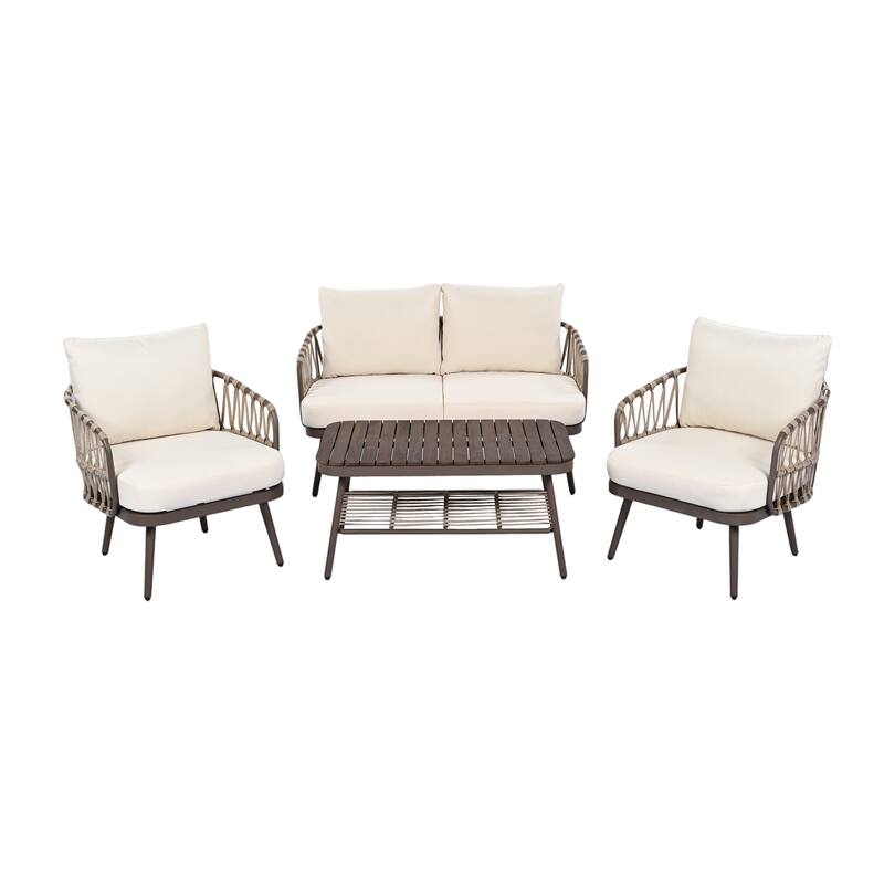4-Piece Outdoor Patio Furniture Set, with Metal Chairs, Outdoor Conversation Set with Thick Cushions and Coffee Table