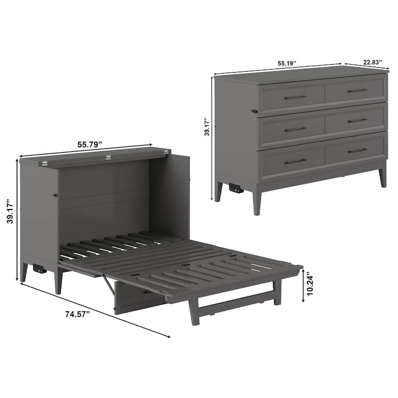 Full Murphy Bed Chest with Mattress & USB Charger - Space Saving Bed, Grey Finish - Renaissance Revival