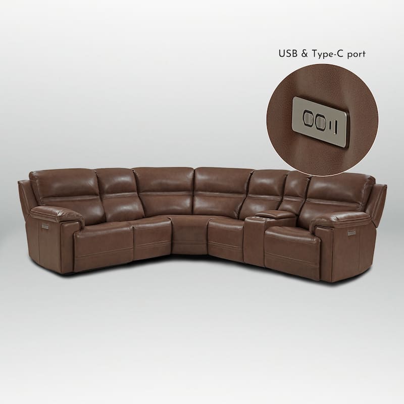 6PCS, 2 power Recliners, Dual-Power Genuine Leather Reclining Sectional with USB&Type-C Ports
