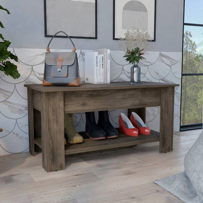 Anmytek Rustic Wood Look Storage Bench Entryway Organizer with Shoe Shelf Mudroom Seating Farmhouse Modern - Brown