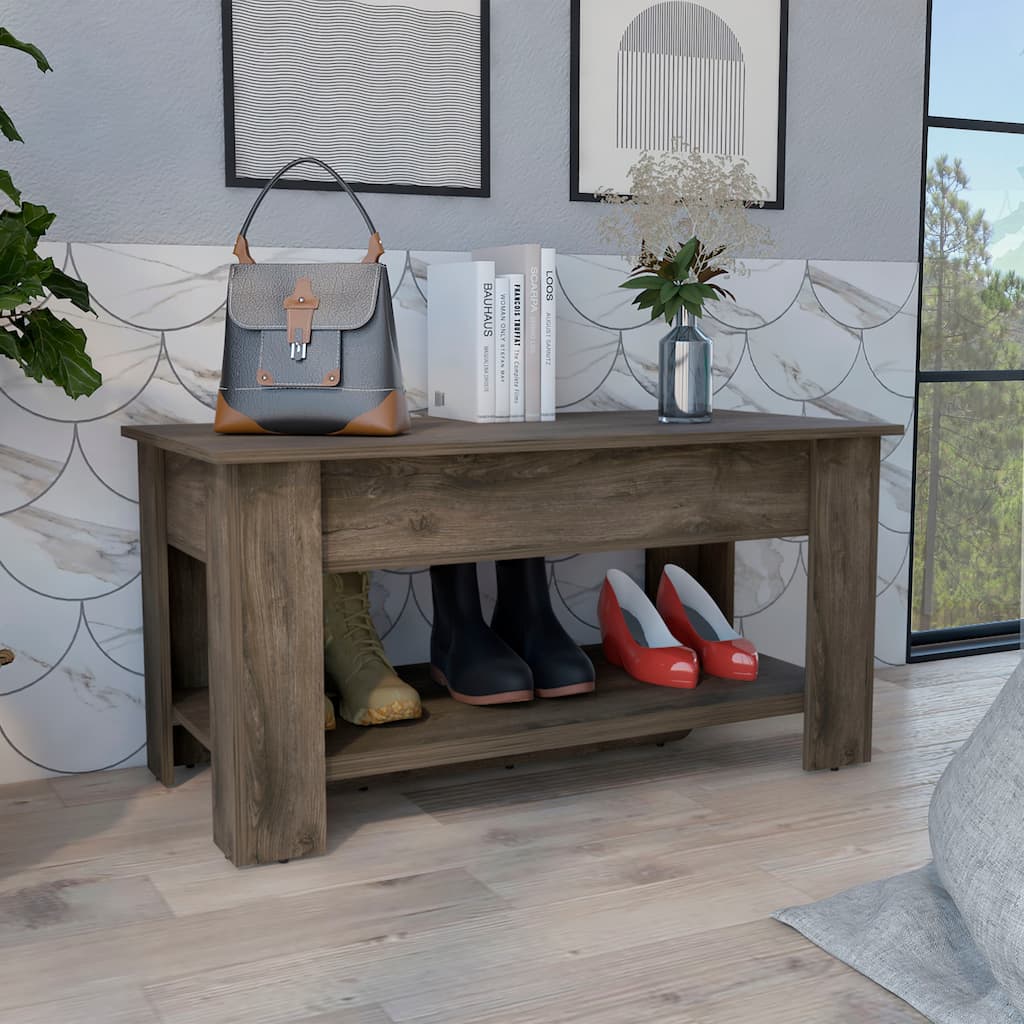 Anmytek Rustic Wood Look Storage Bench Entryway Organizer with Shoe Shelf Mudroom Seating Farmhouse Modern