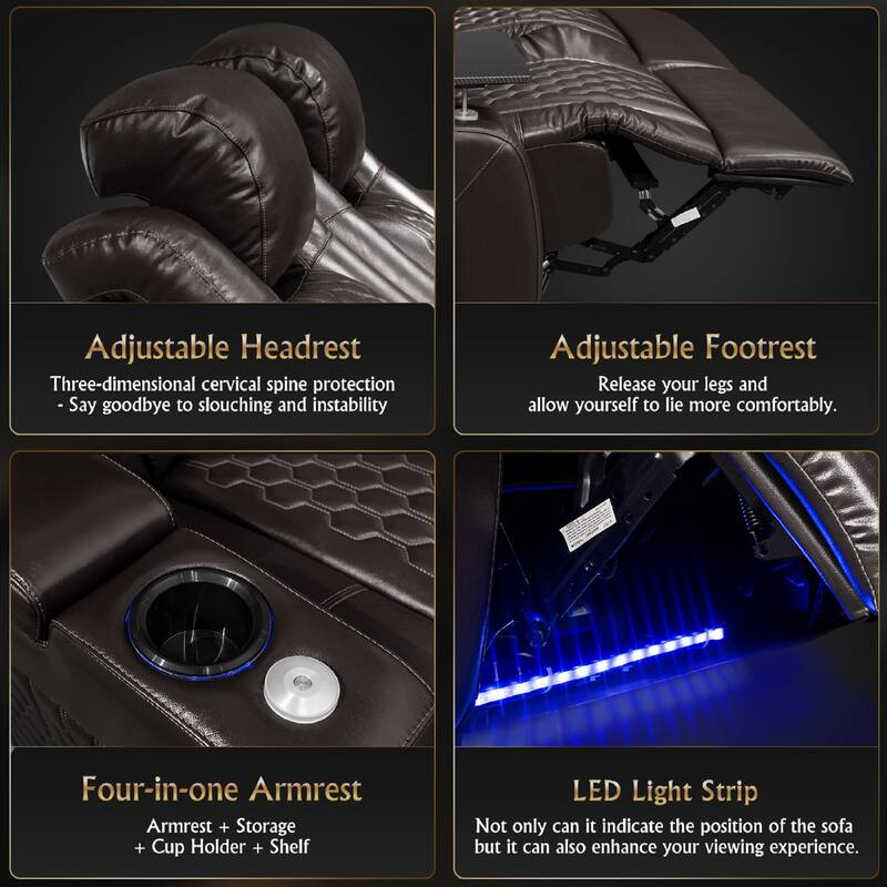 Roomfitters 62" Power Recliner 2-Piece Set, Top-Grain Nappa Leather, 30-Color RGB LED & USB-C Charging, Coffee