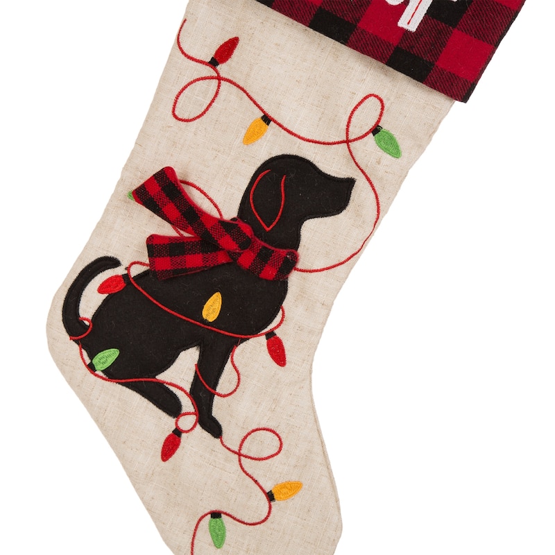 Glitzhome 21"L LED Embroidered Linen Reindeer Cat Dog Christmas Stockings