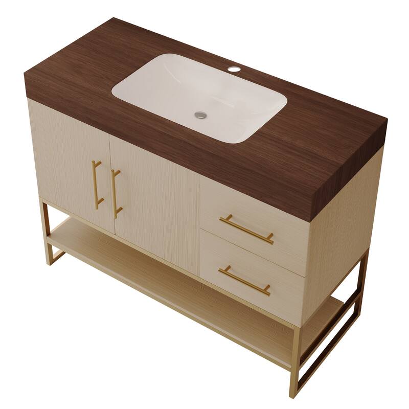 36" Modern Bathroom Vanity - Free Standing with Seamless Ceramic Sink & Gold Accent