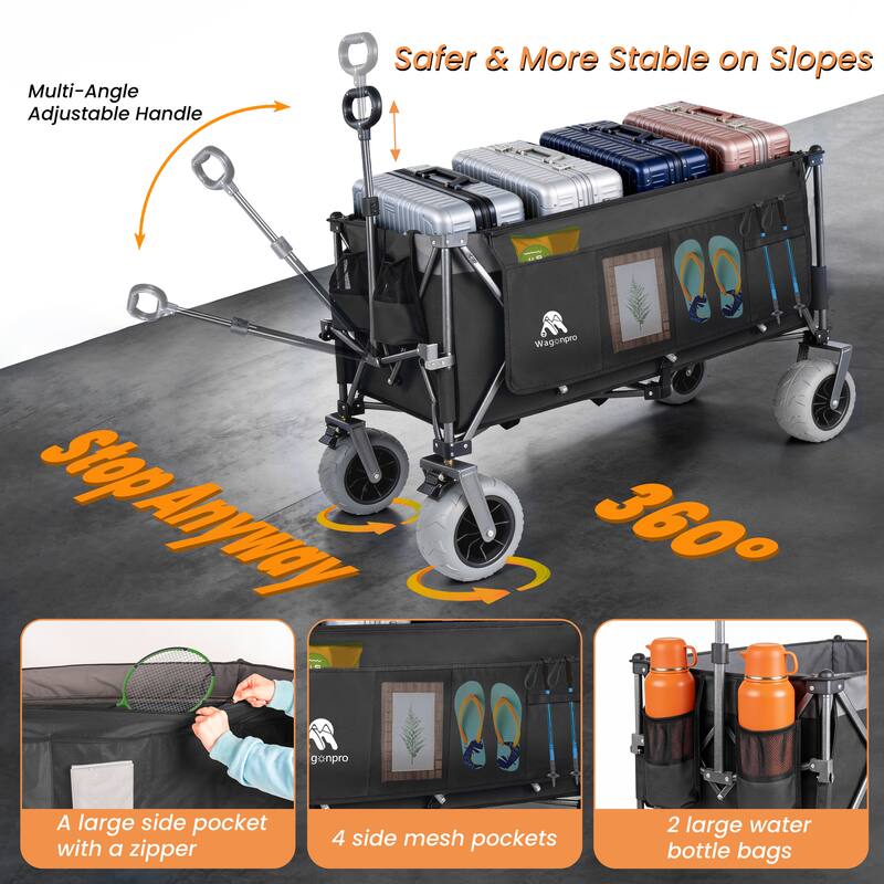 52"Extended Heavy-Duty Foldable Utility Wagon, 560lbs, Ultra-Stable Frame, 1:6 Space-Saving Fold, Portable and Collapsible