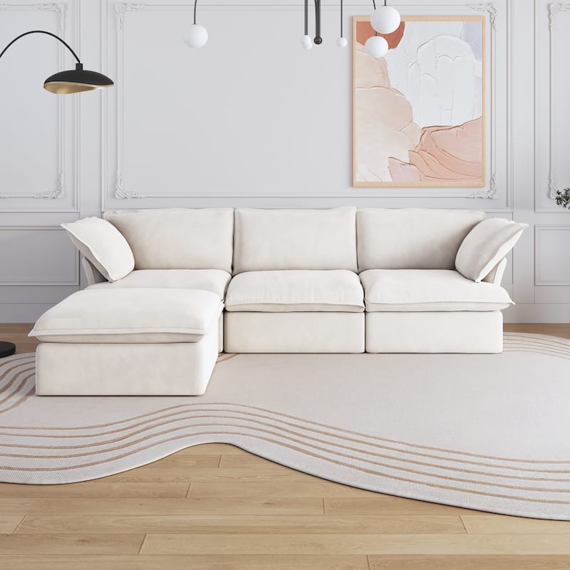 L-shaped Linen Upholstered Sectional Sofa with Ottoman for Living Room - white(3seat+1ottoman)