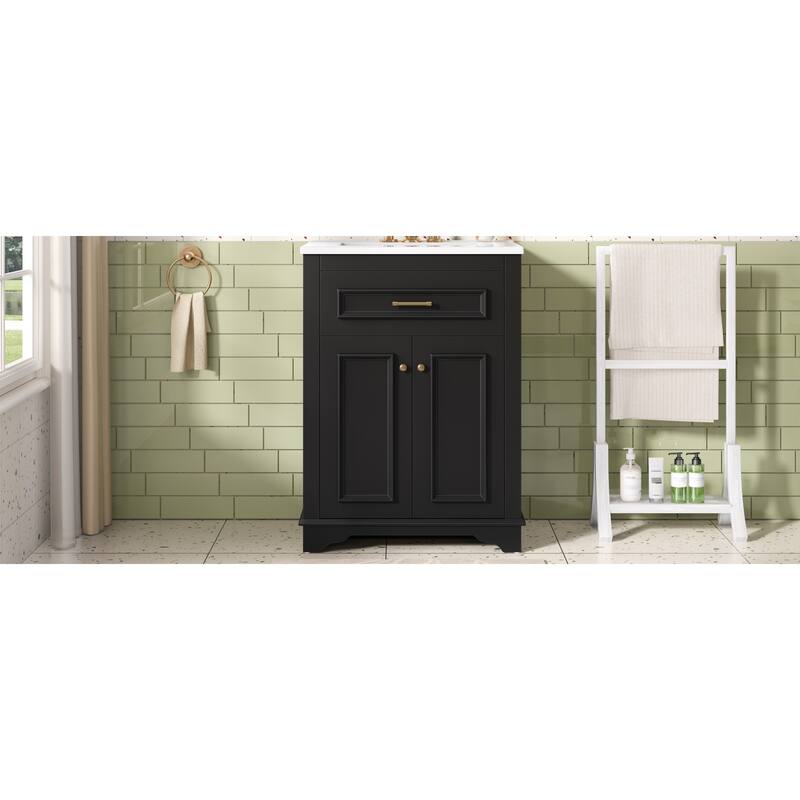 Roomfitters 24 Inch Bathroom Vanity with Integrated Ceramic Sink, Storage Cabinet & Tilt-Down Compartment