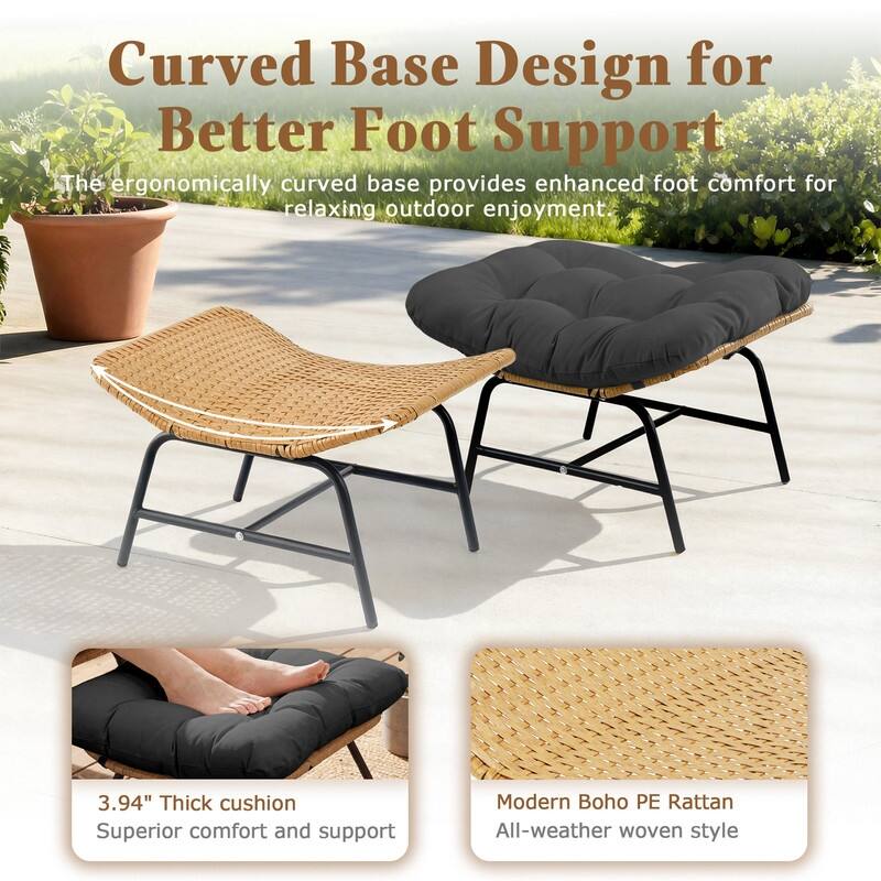 2-Piece Outdoor Wicker Ottomans with Cushions, Weather-Resistant Boho Patio Rattan Footrests for Garden, Porch, and Balcony