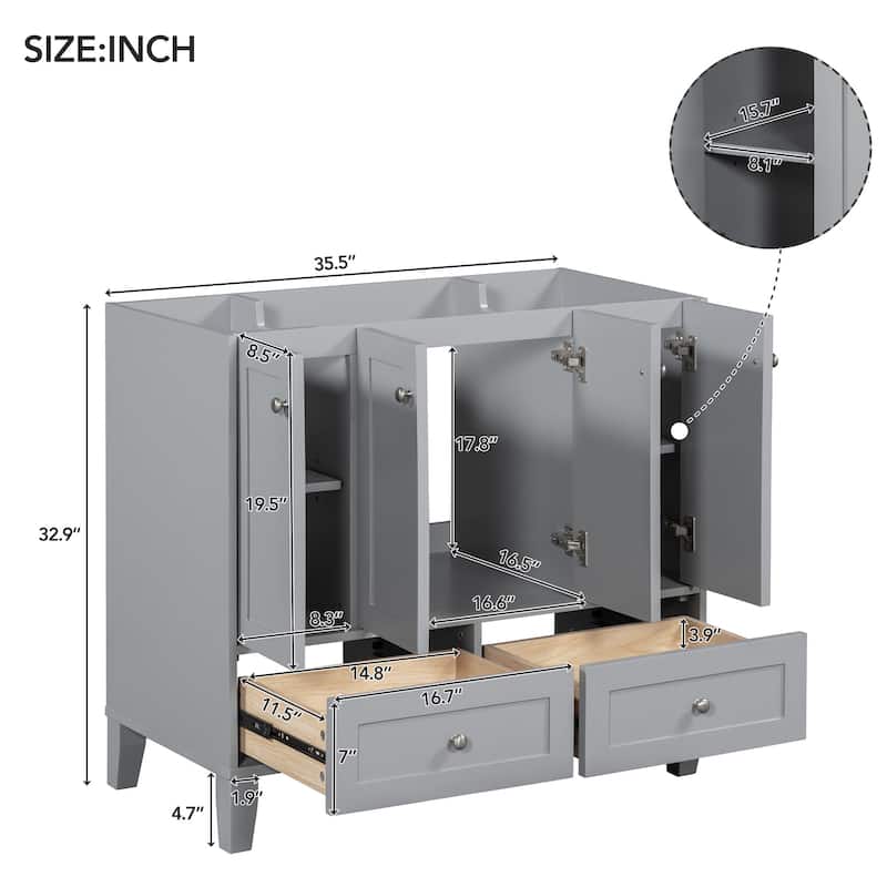 36'' Freestanding Bathroom Vanity without Sink, Solid Wood Frame Bathroom Storage Cabinet with 2 Drawers and 4 Soft-Close Doors