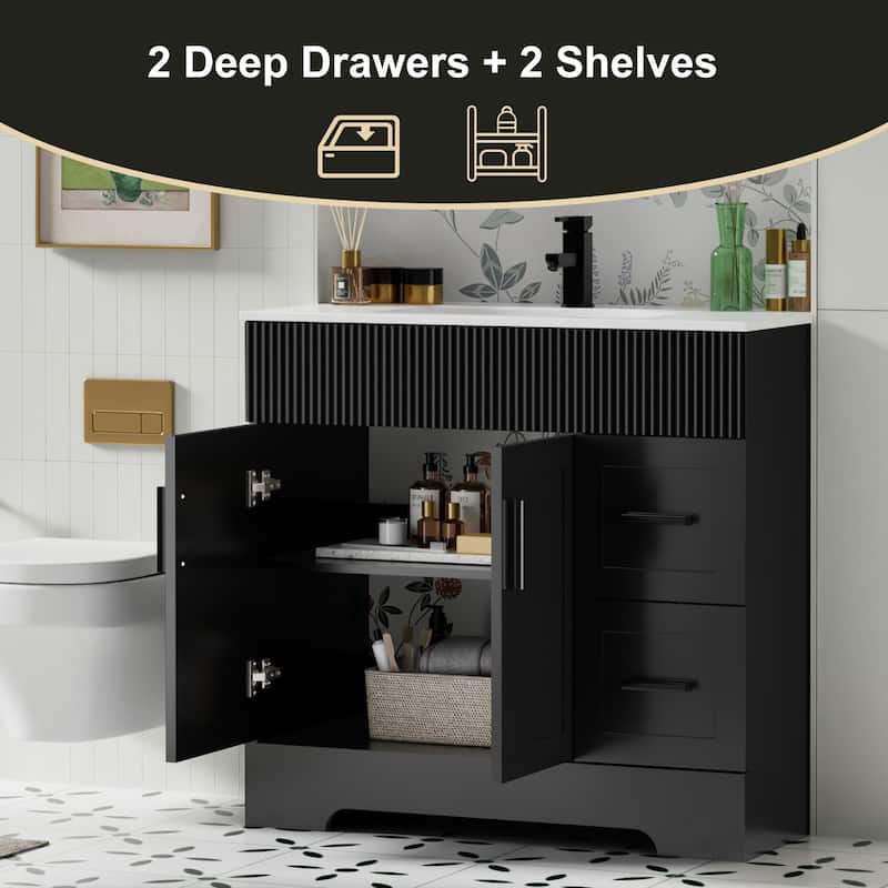 30"/36"/48" Single Bathroom Vanity Set with Drop in Sink Top with Wave Lines