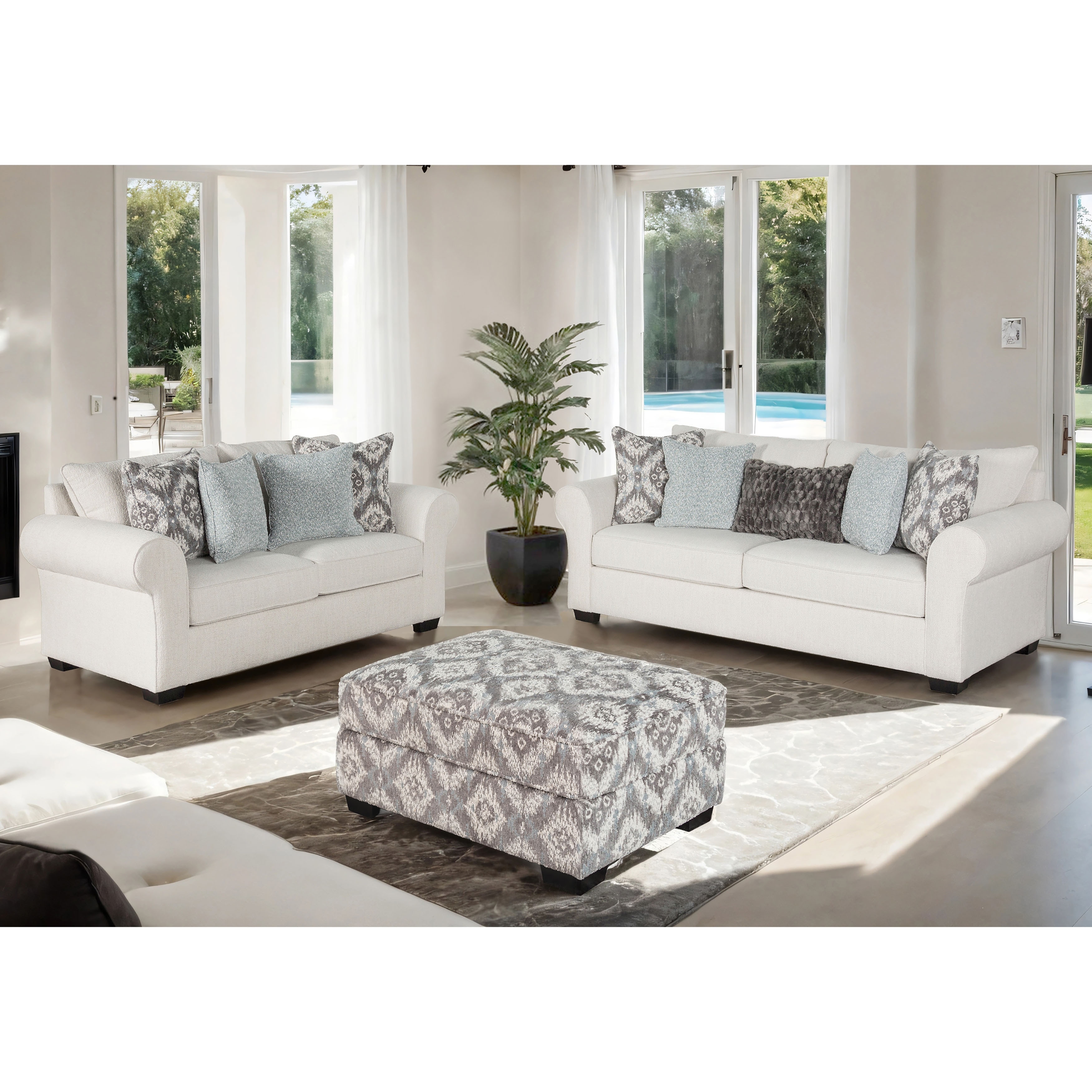 Furniture of America Suppet 3-Piece White Fabric Solid Wood Sofa and Ottoman Set with Pillows