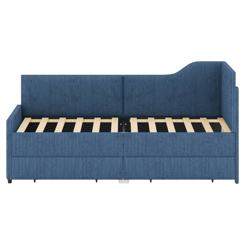 L-Shaped Twin Daybed with Storage Drawers, Corduroy Upholstered Frame, Blue