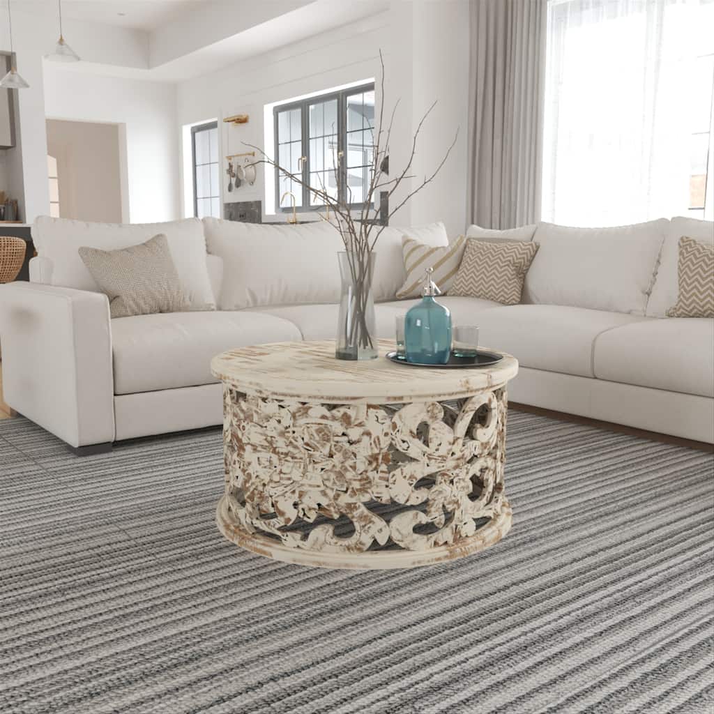 Alina Coffee Table Handcrafted Mango Wood Floral Carved Cut Out Design Distressed White Finish 33 Inch