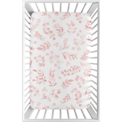 Baby Girl Fitted Mini Portable Crib Sheet Blush Pink White Floral Leaf Portable Pack and Play Boho Bohemian Watercolor Botanical