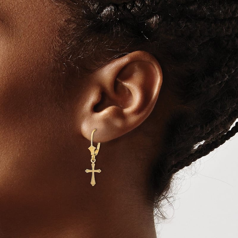 Curata 10k Yellow Gold 29.62x9mm Textured Budded Cross Leverback Earrings