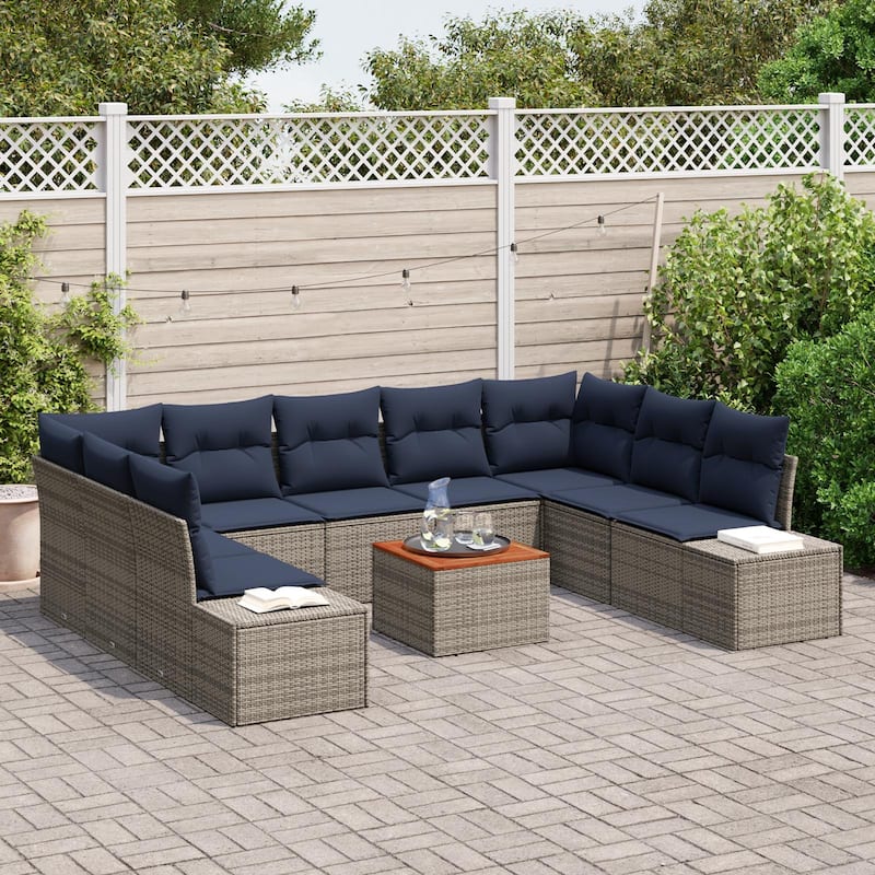 vidaXL 10 Garden Sofa Set with Cushions Black/Grey Poly Rattan - 113.8 x 82.3 x 27.2