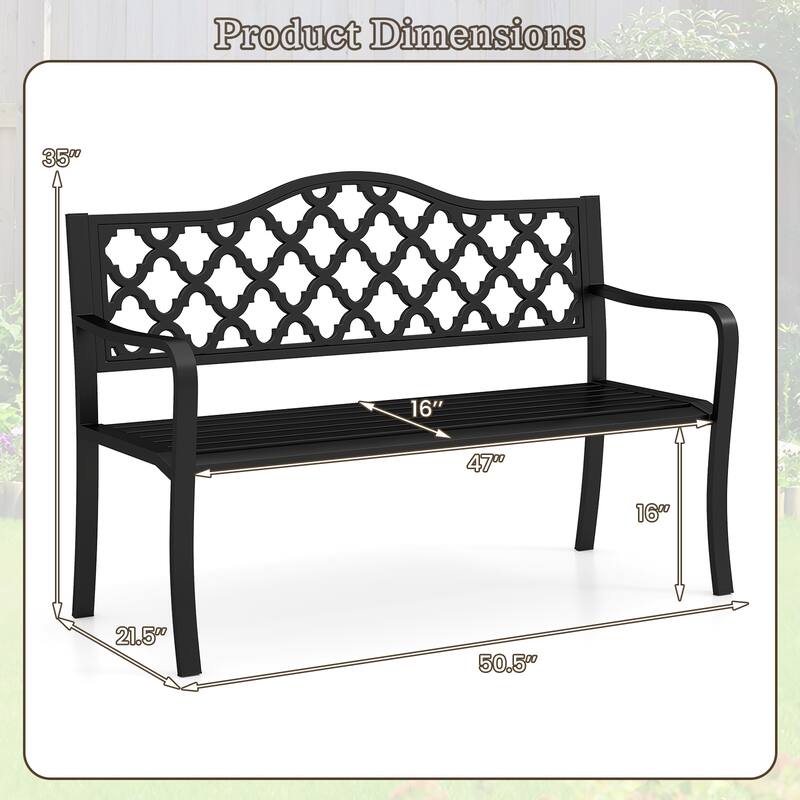 Black Metal Patio Bench with Patterned Backrest, Curved Armrests and Anti-Slip Pads - 21.5" L x 50.5" W x 35" H