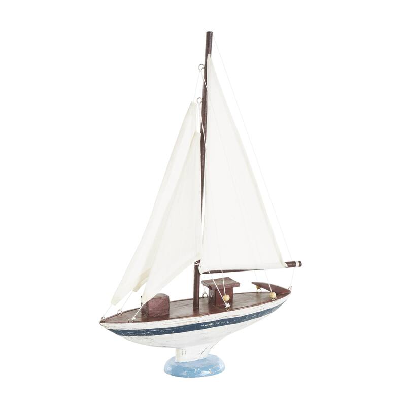 Wood Sail Boat Distressed Decorative Sculpture with Brown Wood and Beaded Accents - White - Roche River Decor - White