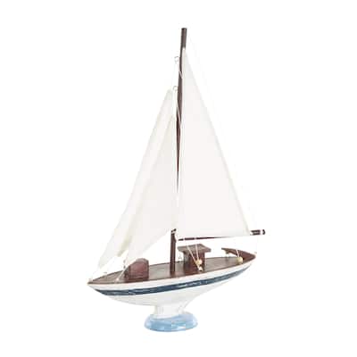 Wood Sail Boat Distressed Decorative Sculpture with Brown Wood and Beaded Accents - White - Roche River Decor