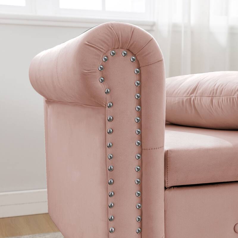 Pink Modern 58.26" Velvet Upholstered Buttons Tufted Chaise Lounge Chair with Storage and Wood Legs
