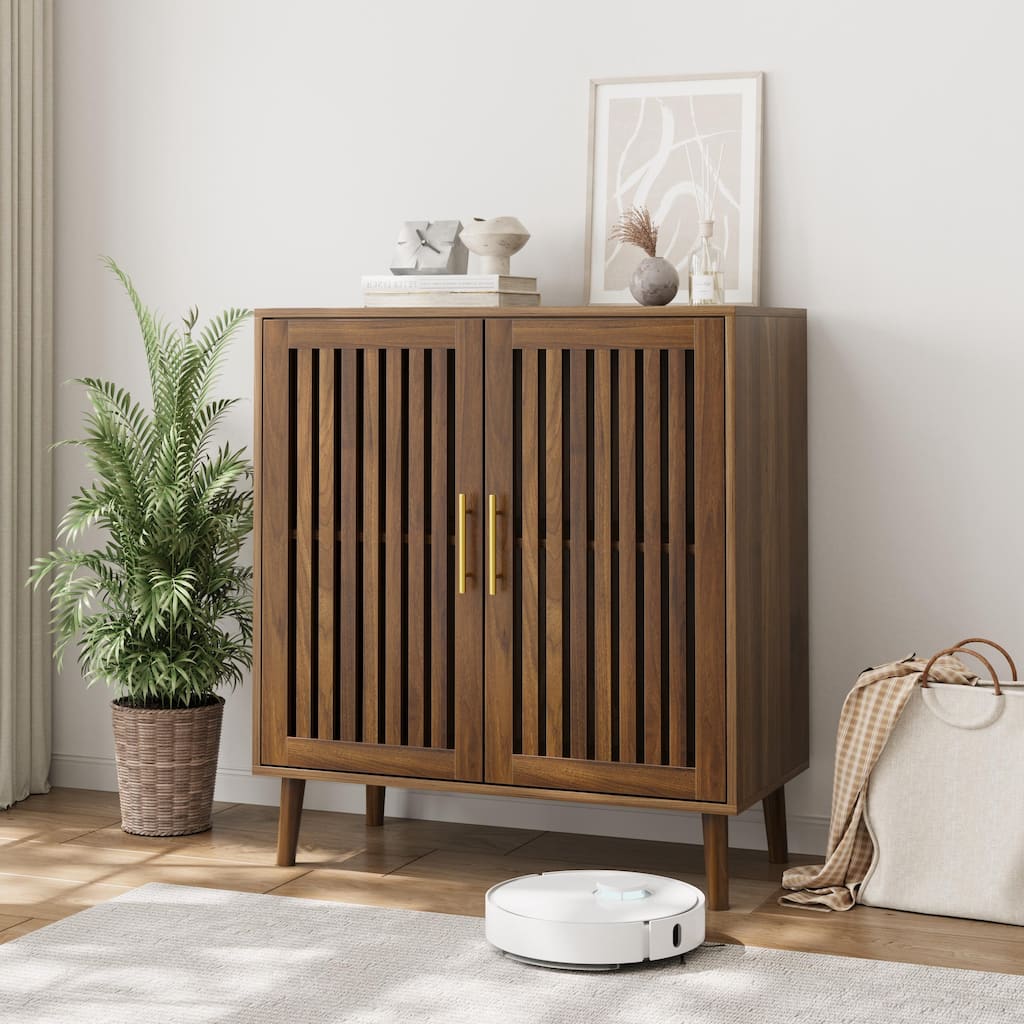 Sideboard Cabinet with Louvered Doors, Wood Storage Cabinet with Adjustable Shelf, Buffet Cabinet with Wooden Legs