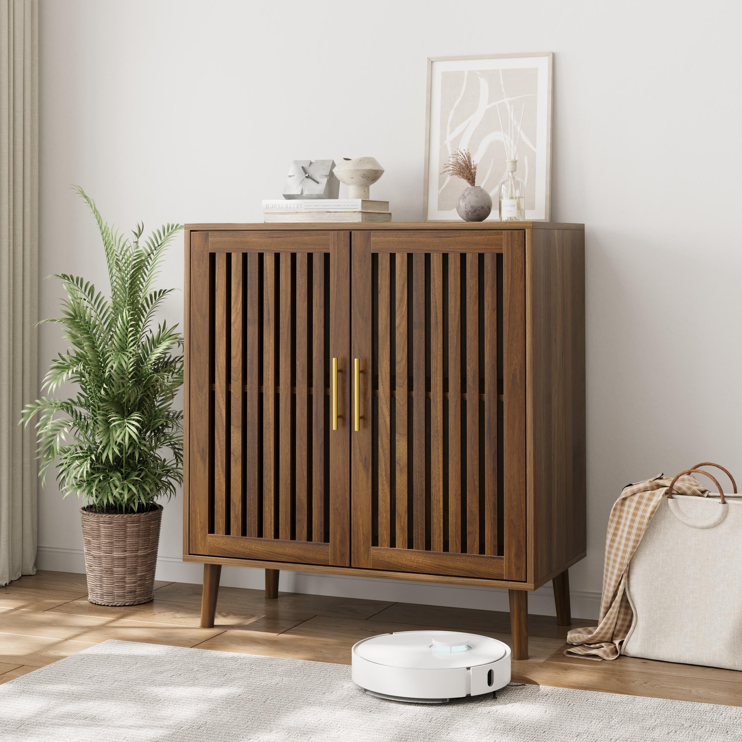 Sideboard Cabinet with Louvered Doors, Wood Storage Cabinet with Adjustable Shelf, Buffet Cabinet with Wooden Legs