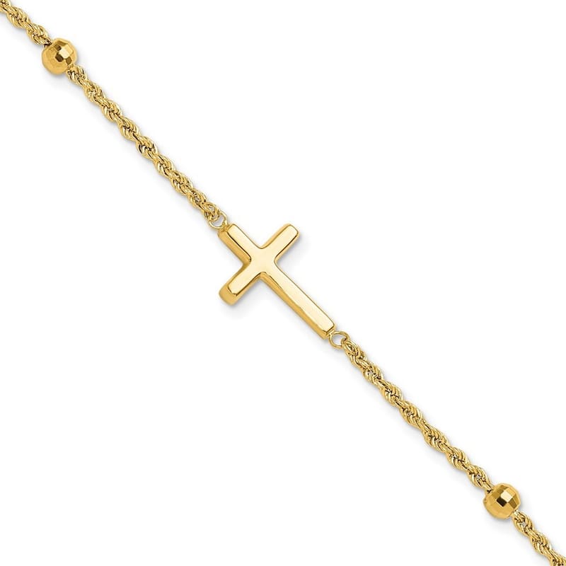 Curata 14k Yellow Gold 7.5" 11mm Diamond Cut Beads Cross Rope Bracelet