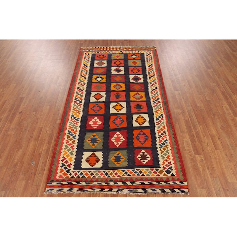 Blue Kilim Qashqai Persian Vintage Area Rug Hand-Woven Wool Carpet - 4'7"x 8'8"