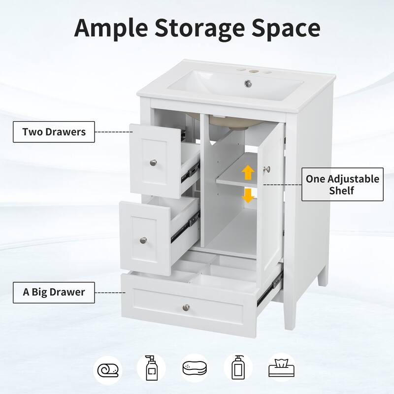 24" Bathroom Vanity with Sink, Adjustable Shelf, Storage Drawers with Removable Dividers, MDF and Rubberwood Base