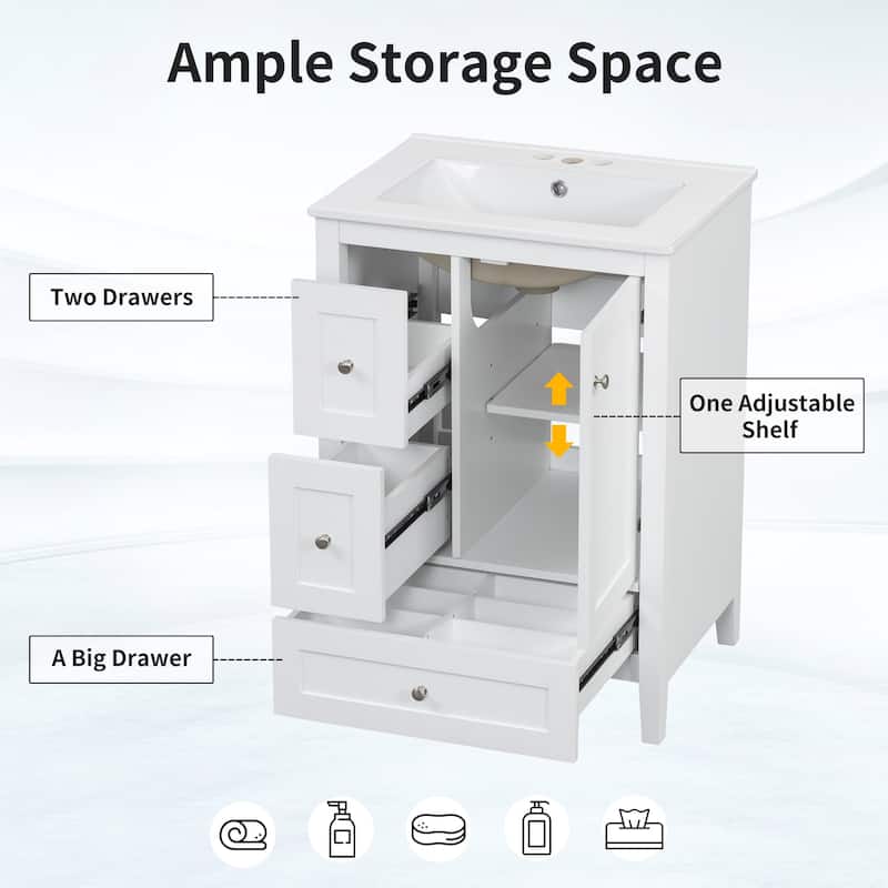 24 Inch Bathroom Vanity with Sink, Storage Cabinet with Drawers Adjustable Shelf Freestanding Vanity