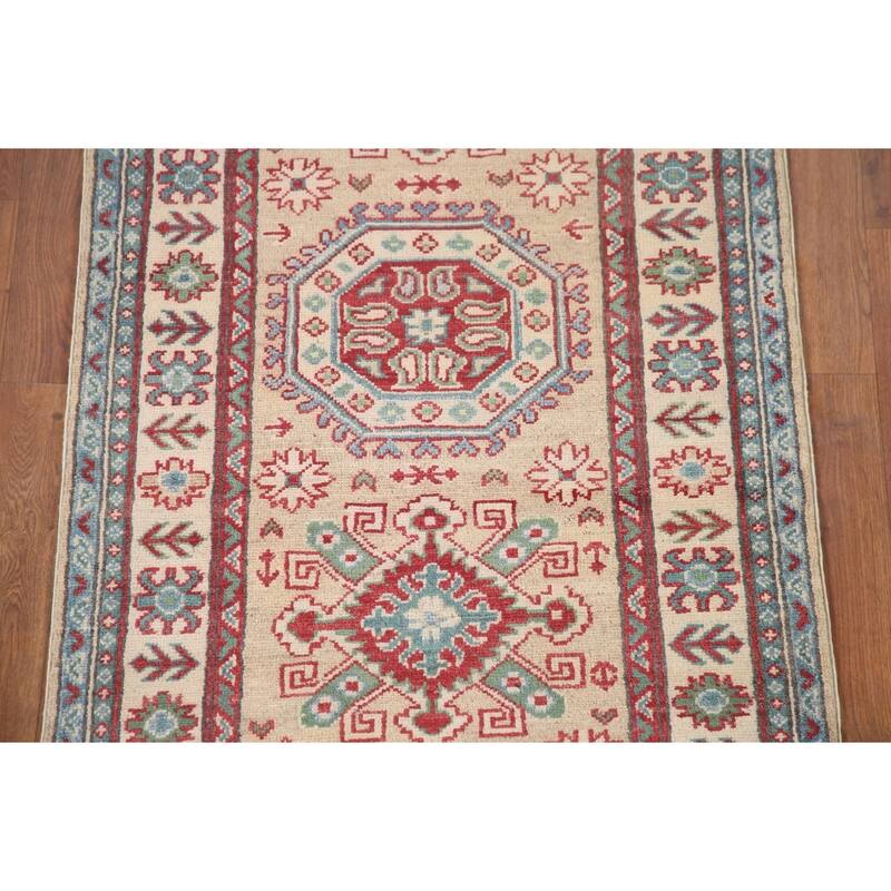 Hand Knotted Oriental 100% Wool Carpet Traditional Geometric Beige & Ivories Kazak Runner Rug - 12' 9'' X 2' 9''