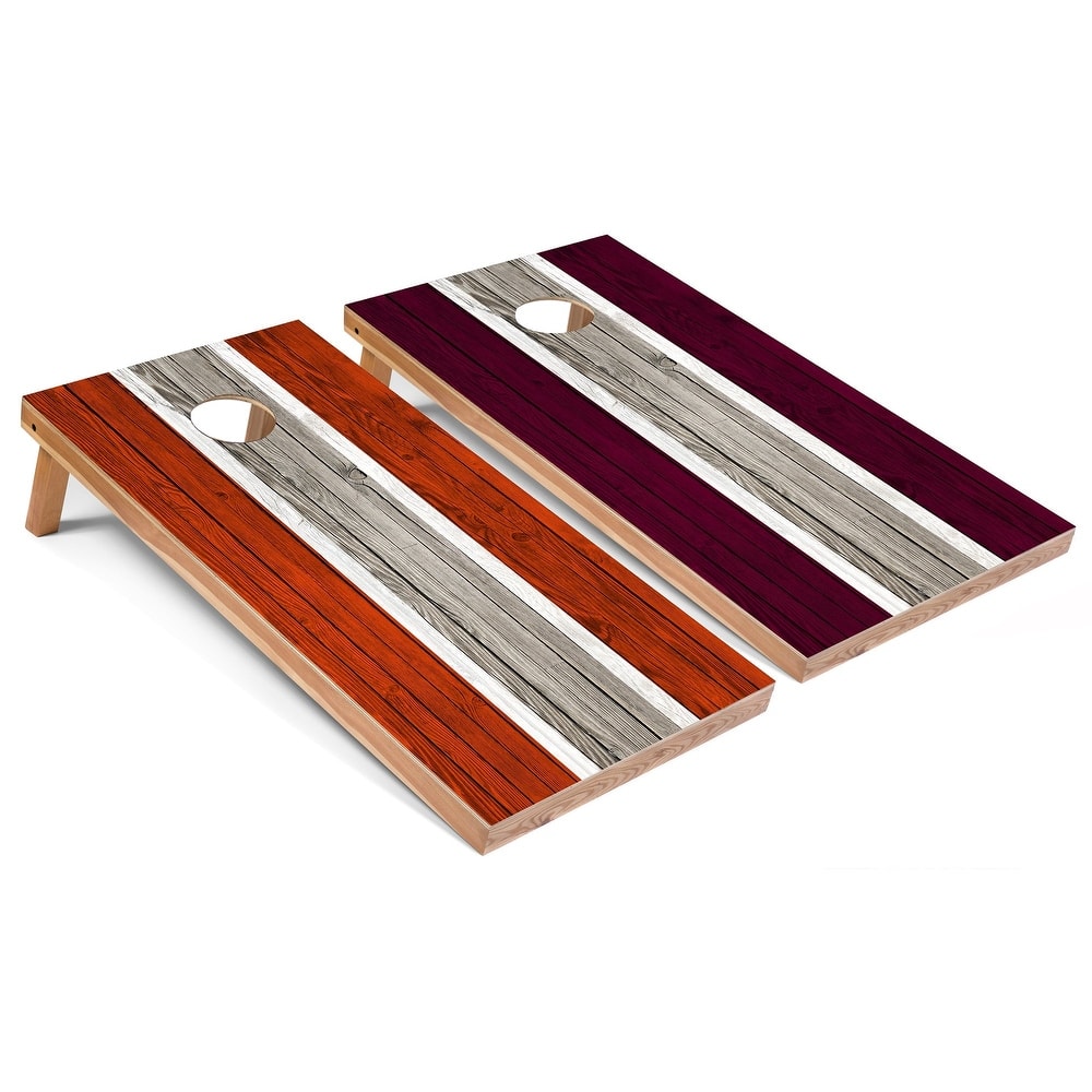 Solid Wood Cornhole Boards - Orange and Maroon Stripes Design