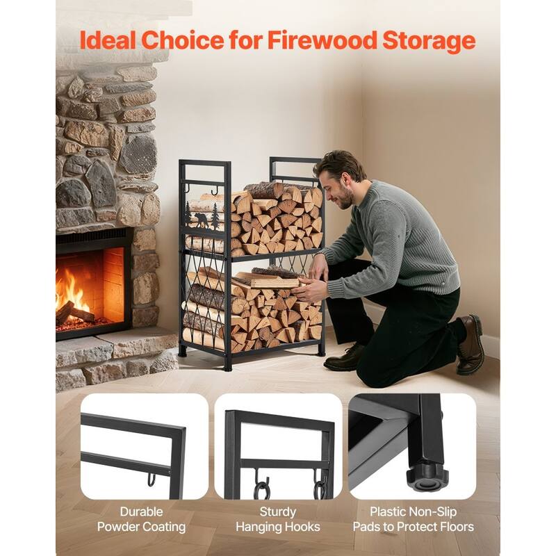 2 Tier Black Wrought Iron Firewood Storage Rack with Reinforced Corners and 4 Fireplace Tools - 17.72” x 12.40” x 16.34”