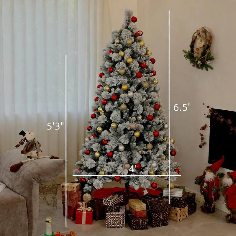 Flocked Artificial Christmas Tree - Clear Lights, Metal Stand, Holiday Decor - Green