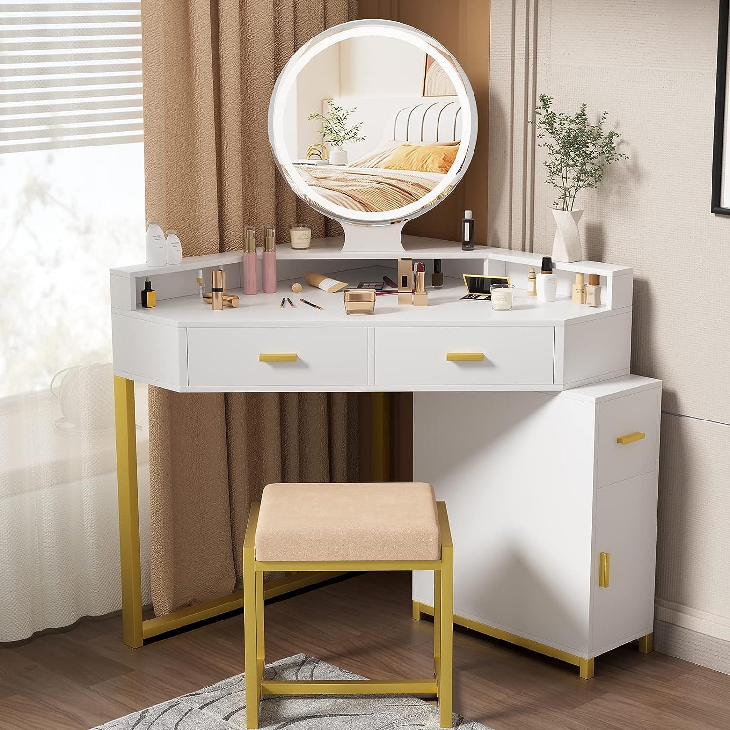 Corner Makeup Vanity Desk with lights and Mirror, Girls Dressing