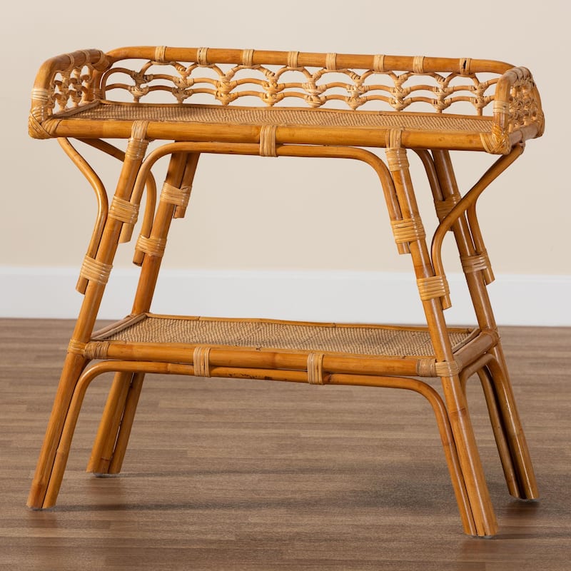Nayana Modern Bohemian Natural Rattan 2-Tier Console Table