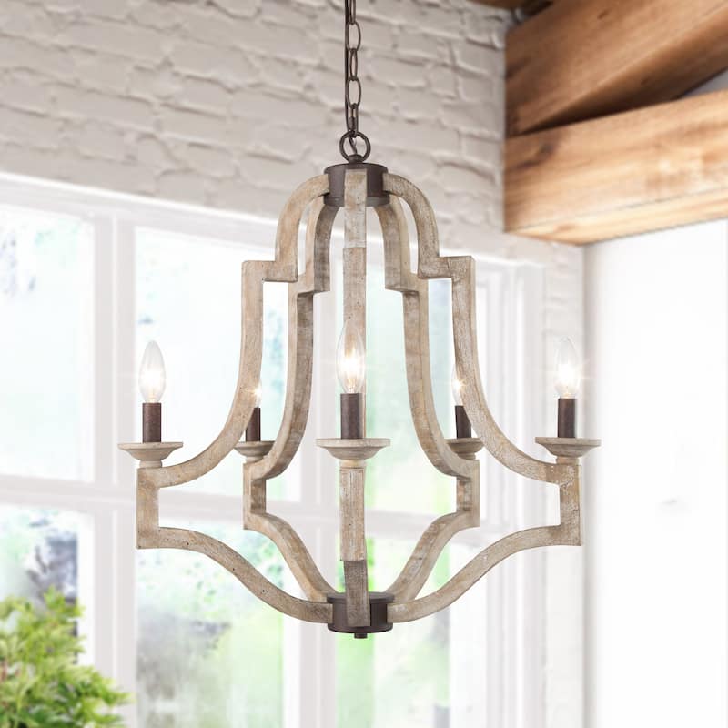 Gula Modern Farmhouse 5-Light Distressed Wood Candle Chandelier Wheel Lantern Hanging Foyer Pendant Light - L23.2" xW23.2 "xH24"
