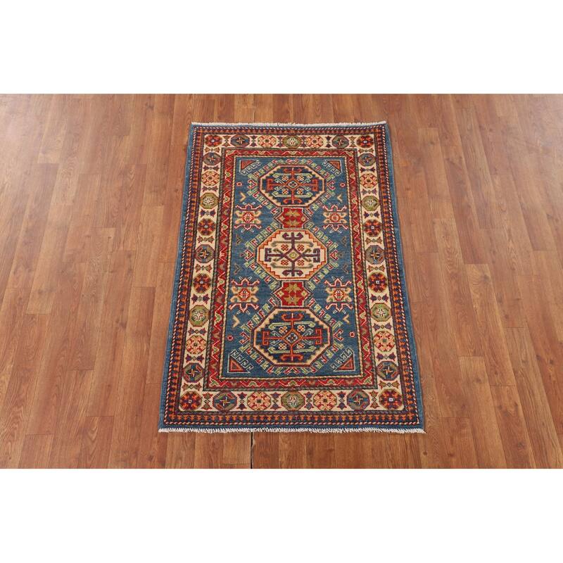 Blue Geometric Kazak Foyer Rug Handmade Bedroom Wool Carpet - 2'7" x 4'1"