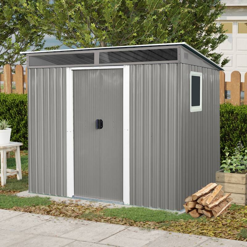 8ft x 6ft Gray Metal Storage Shed - Outdoor Garden Shed with Window, Transparent Panel and Lockable Sliding Door - 8 ft x 6 ft