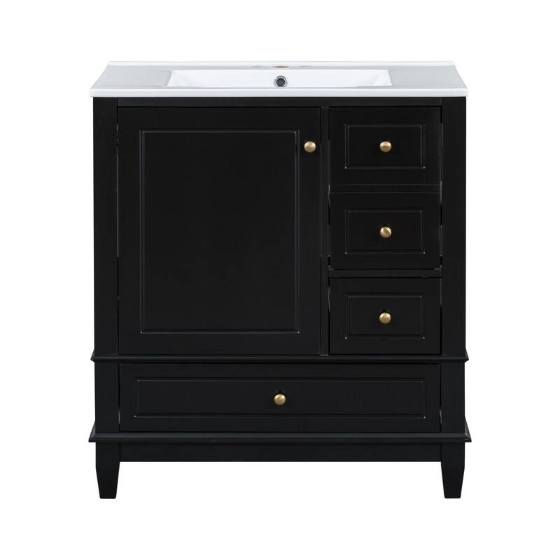 30" Bathroom Vanity with Ceramic Sink, Freestanding Bathroom Vanity Cabinet w/ 3 Storage Drawers, 1 Soft Close Door & Door Shelf